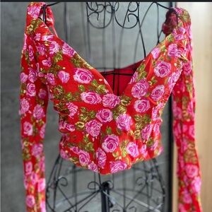 ZARA Floral Red and Pink Women's Top